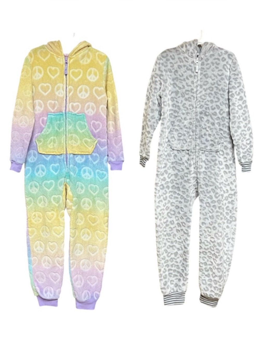 Rainbow Hooded Onesie PJs Leopard Hoodie PJ Onesie Bundle Front Pocket Front Zip